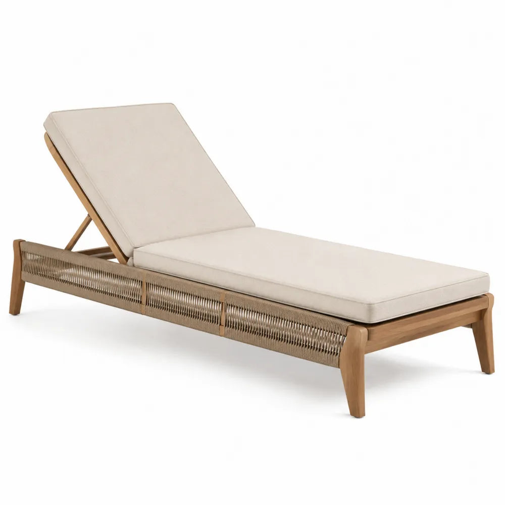 Lettino prendisole in legno di teak e corda sintetica beige