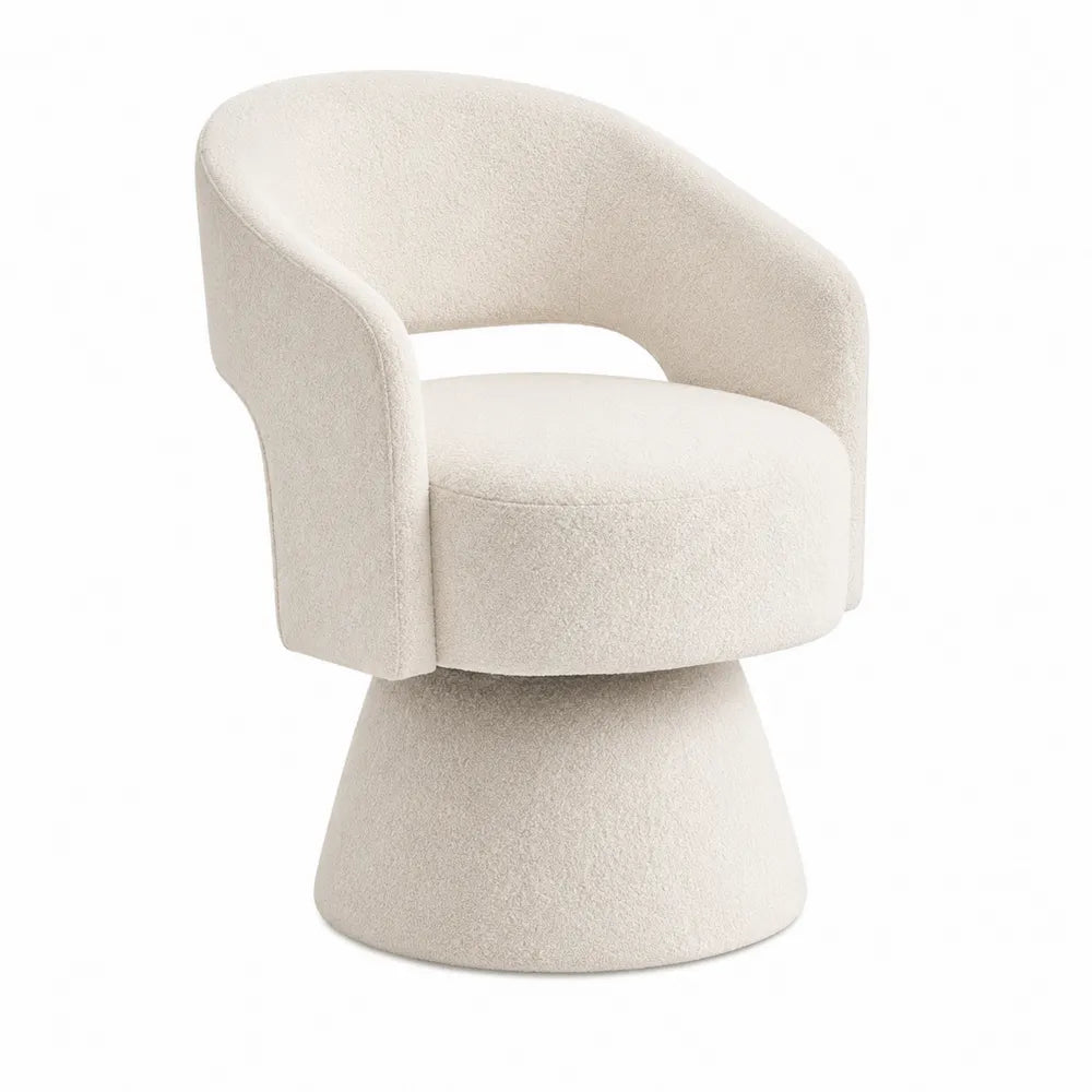 Sedia girevole in tessuto bouclé bianco con braccioli