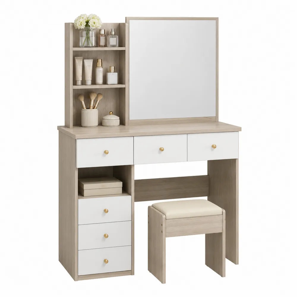 Toeletta con Specchio e Sgabello in Legno MDF Rovere Chiaro