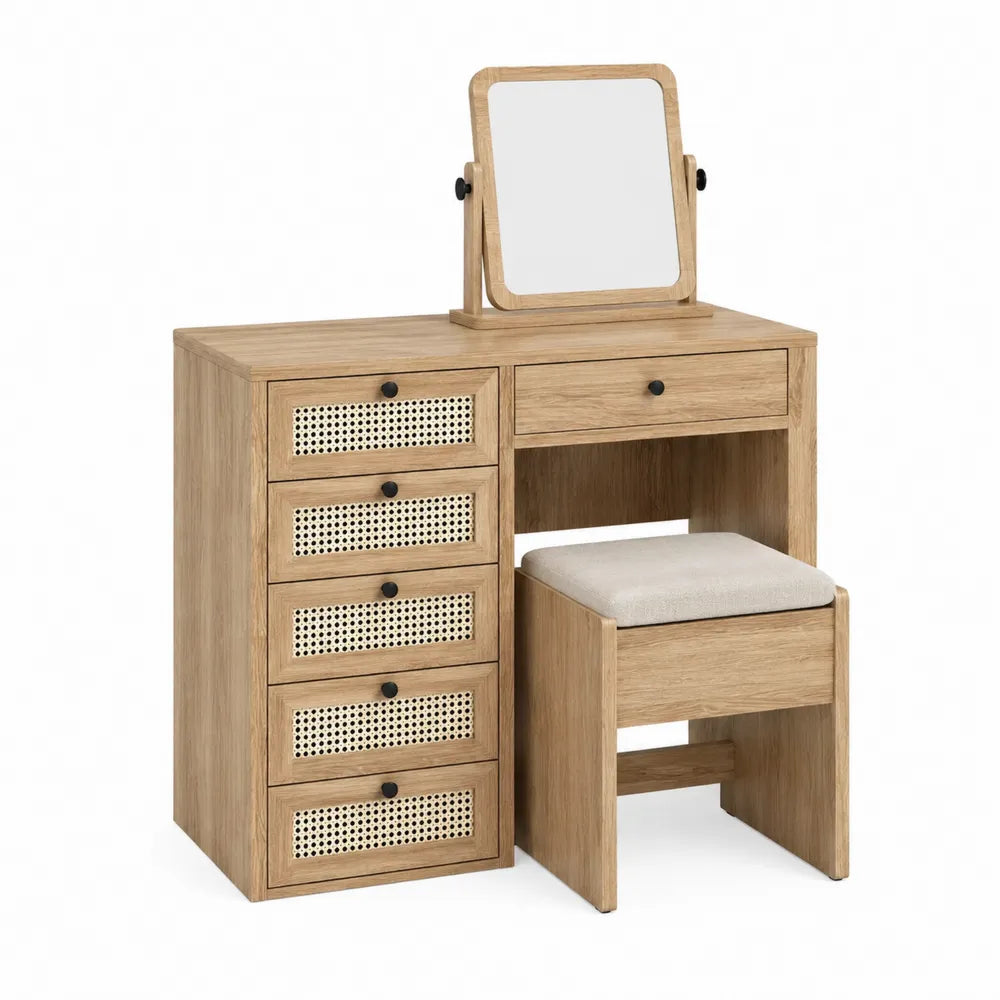 Toletta da Trucco in Legno e Rattan con Specchio Regolabile