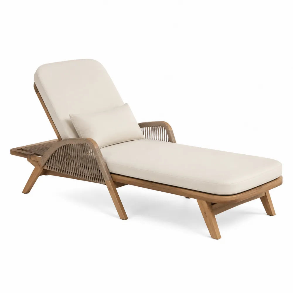 Sedia a sdraio da esterno in legno e corda beige