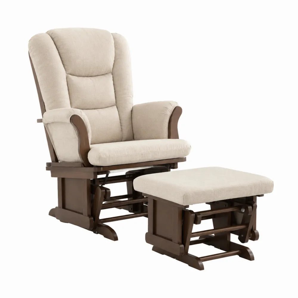 Poltrona a Dondolo con Poggiapiedi in Legno e Tessuto Beige