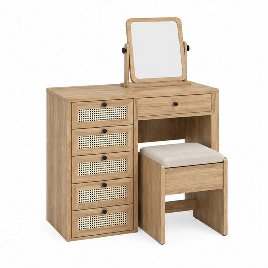 Toletta da Trucco in Legno e Rattan con Specchio Regolabile