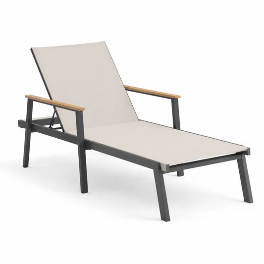 Lettino Prendisole in Alluminio e Tessuto Beige con Braccioli in Legno