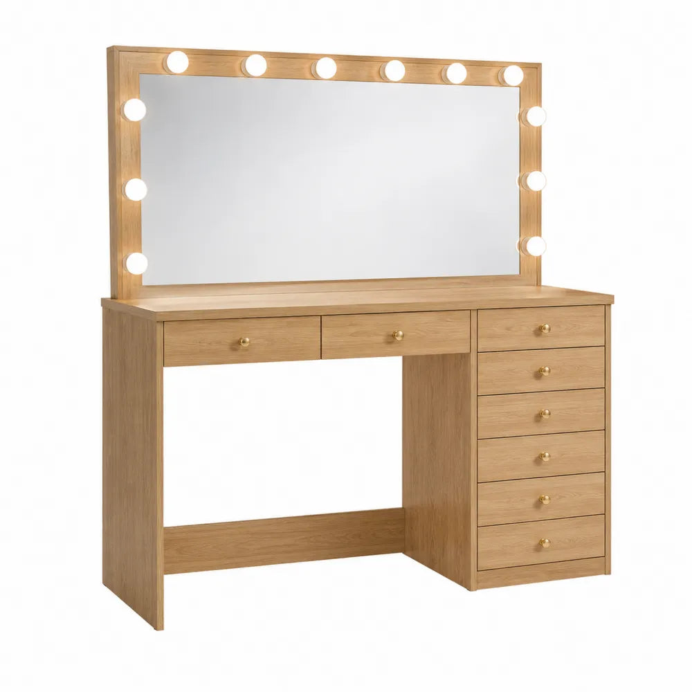 Tavolino da Trucco in Legno di Rovere con Specchio e Luci LED