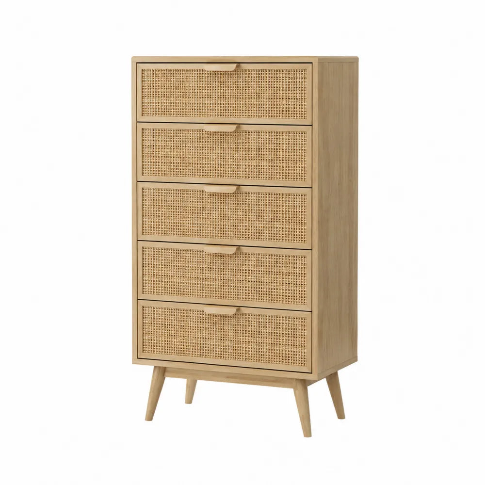 Cassettiera in legno di quercia e rattan naturale con 5 cassetti