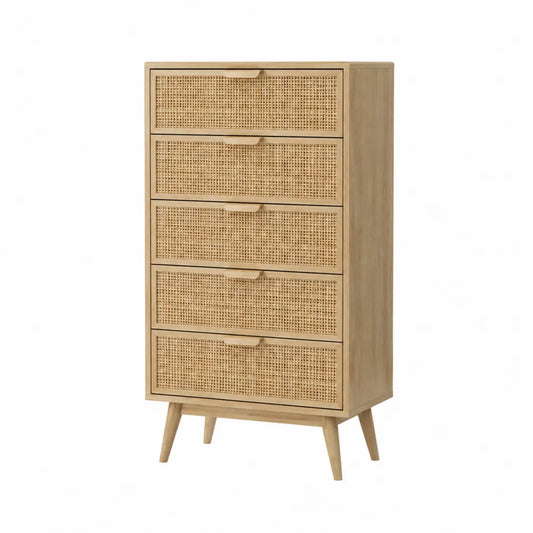 Cassettiera in legno di quercia e rattan naturale con 5 cassetti