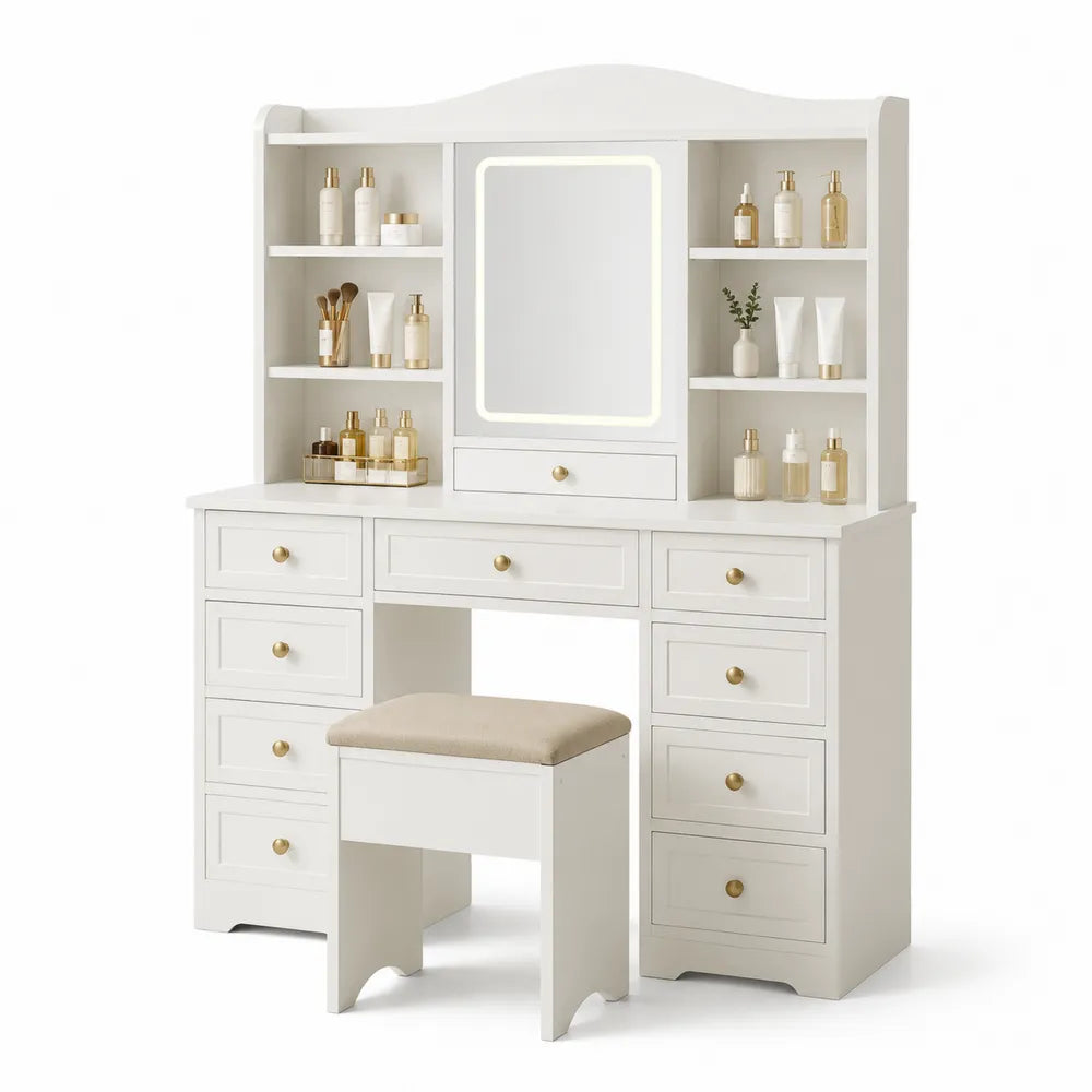 Tavolo da Trucco in Legno con Specchio LED e Sgabello