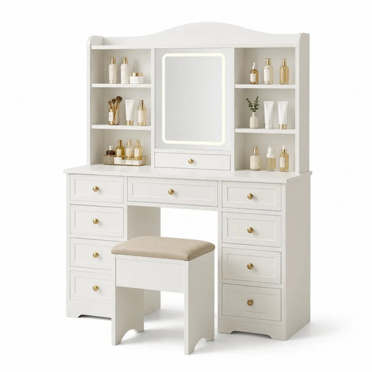 Tavolo da Trucco in Legno con Specchio LED e Sgabello