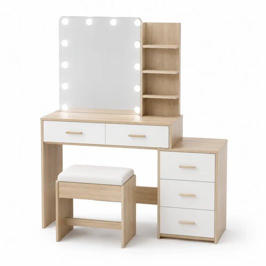 Toletta in Legno di Rovere con Specchio Luminoso e Sgabello