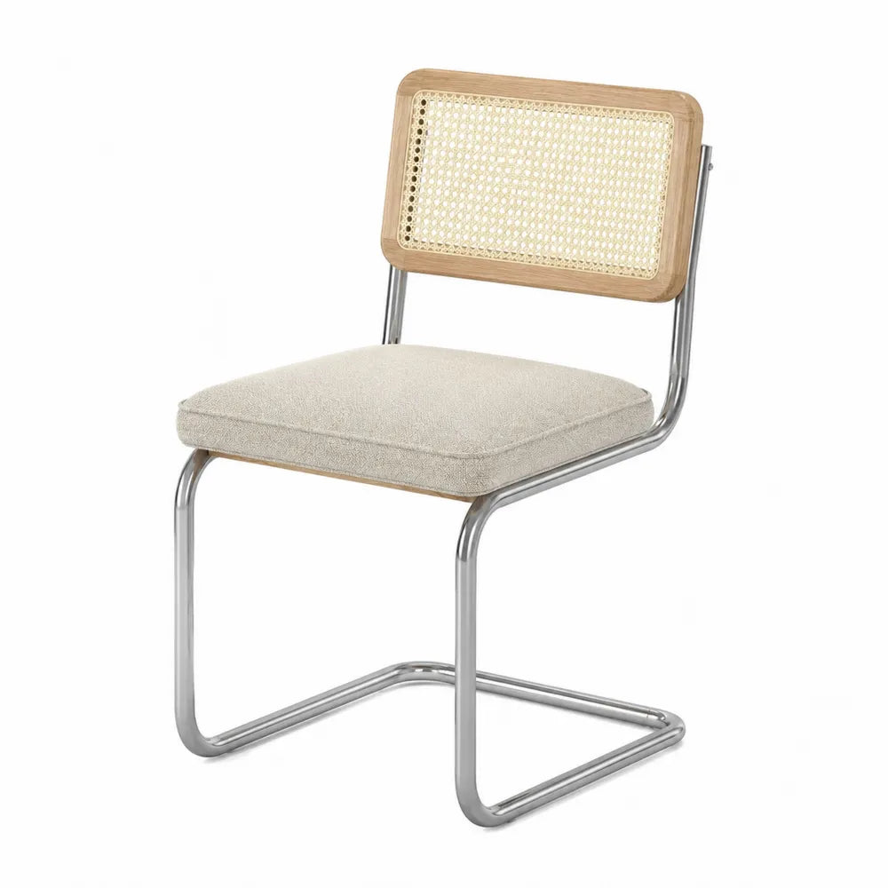 Sedia da pranzo in metallo con schienale in legno e rattan e tessuto beige
